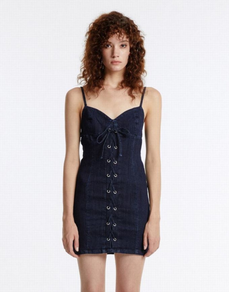 Blue Urban Revivo Corset Style Women\'s Denim Dress | 79820AIBK