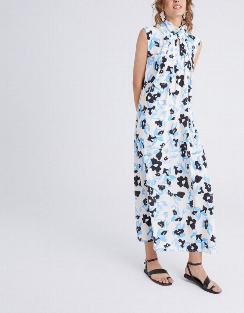 Blue Urban Revivo Cut Out Floral Print Sleeveless Women's Casual Dress | 86234XORS