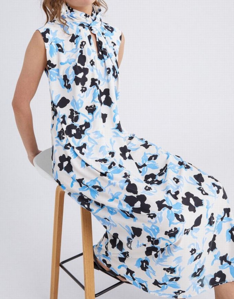 Blue Urban Revivo Cut Out Floral Print Sleeveless Women's Casual Dress | 86234XORS