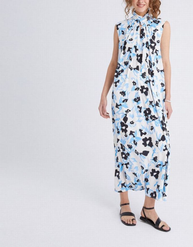 Blue Urban Revivo Cut Out Floral Print Sleeveless Women's Casual Dress | 86234XORS