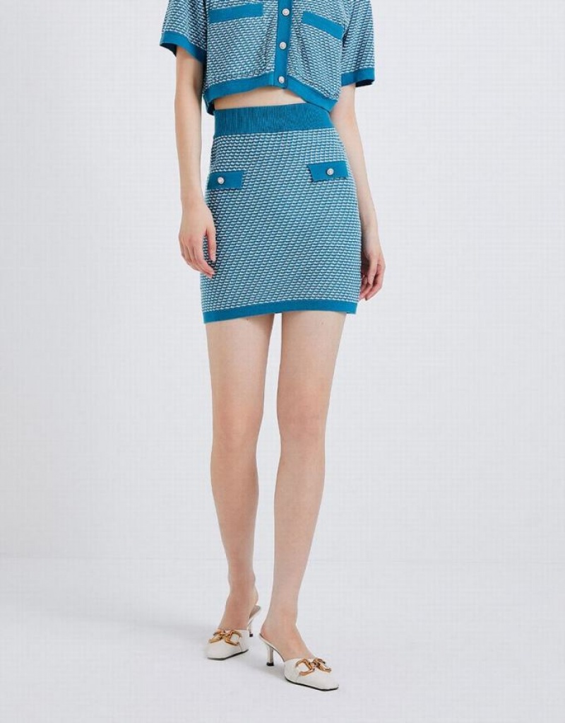 Blue Urban Revivo Faux Pearl Decor Bodycon Tweed Knitted Women's Skirts | 71032GXOP