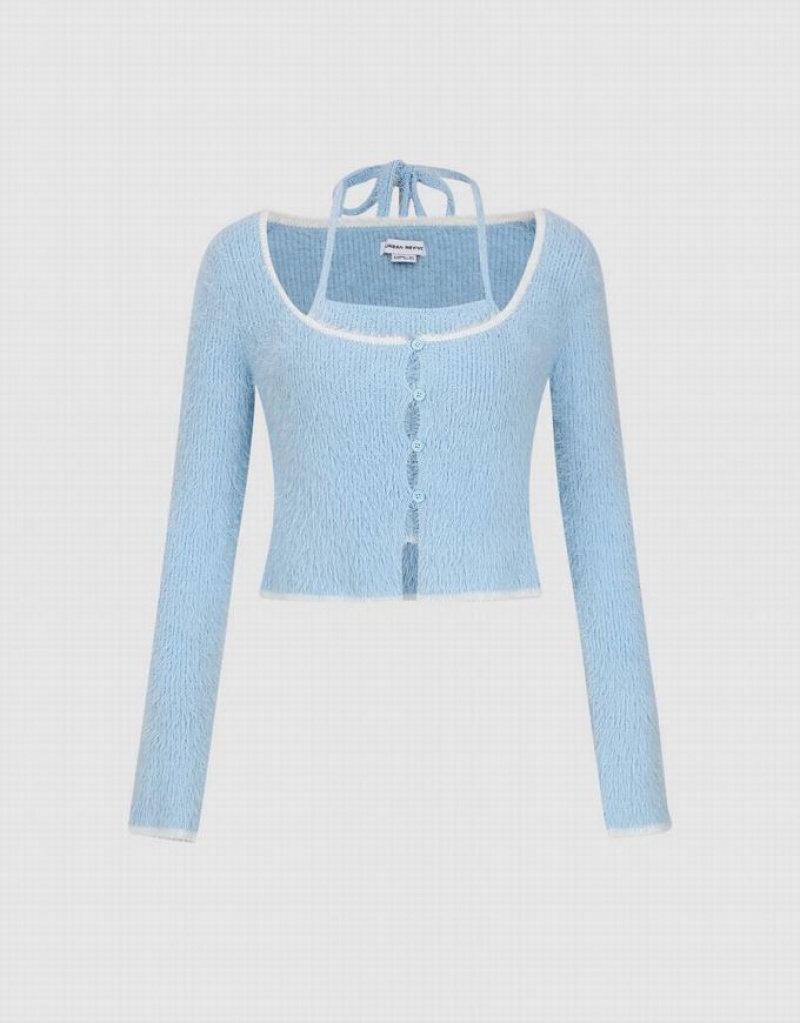 Blue Urban Revivo Halter Neck 2 In 1 Knitted Women's Cardigan | 86794DWQL