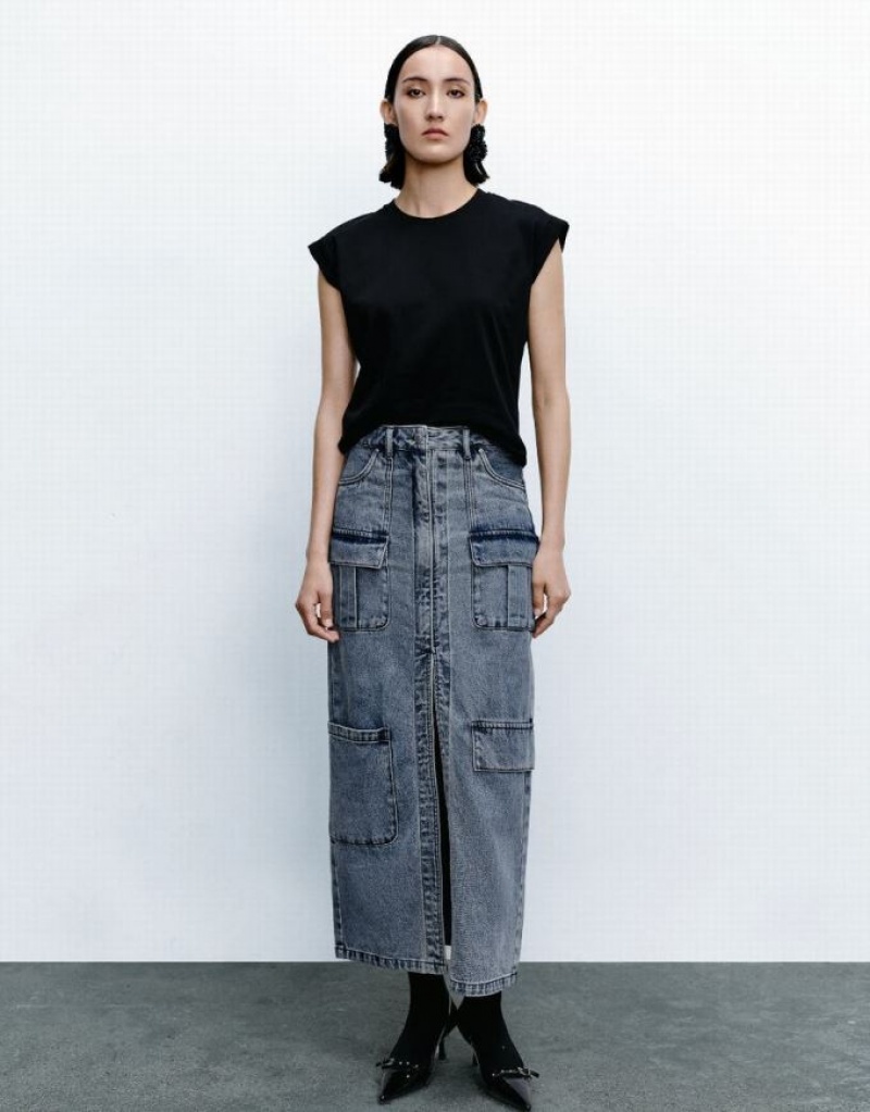 Blue Urban Revivo Multi-Pocket Midi Women's Denim Skirt | 49723HSYO