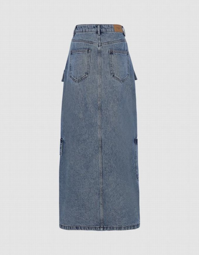 Blue Urban Revivo Multi-Pocket Midi Women's Denim Skirt | 49723HSYO
