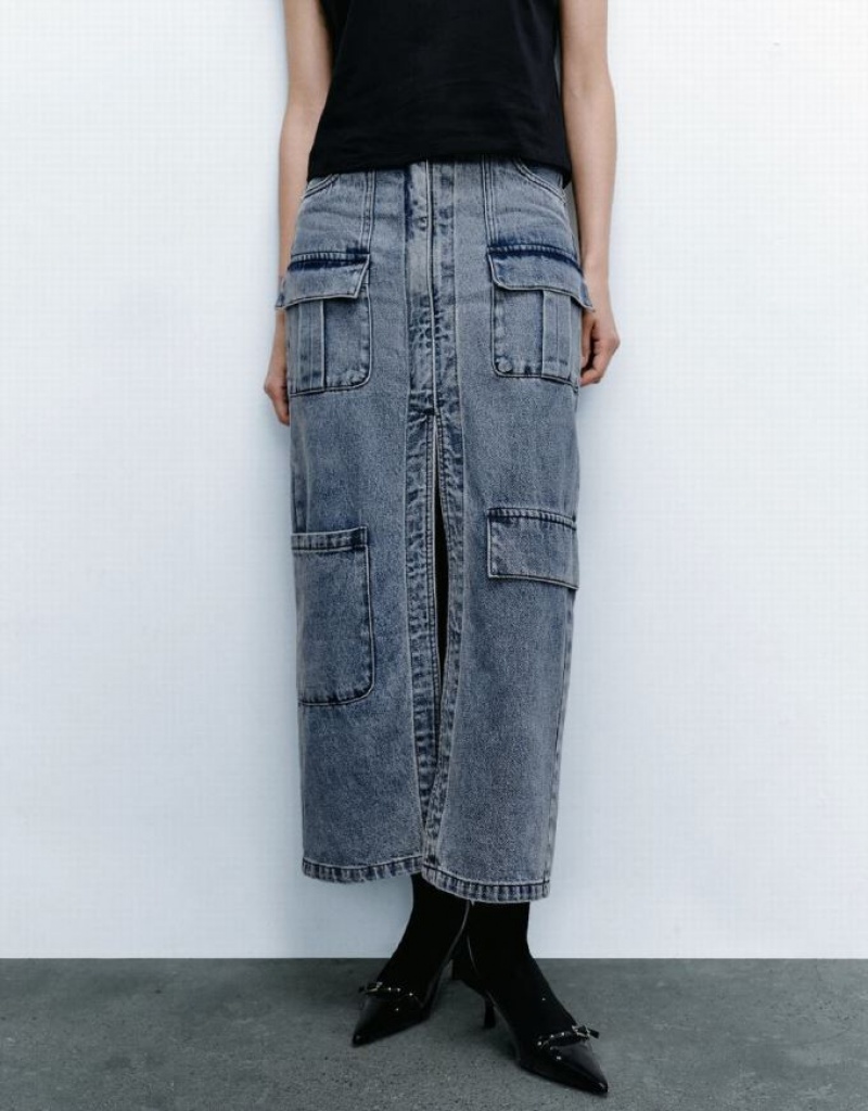 Blue Urban Revivo Multi-Pocket Midi Women's Denim Skirt | 49723HSYO