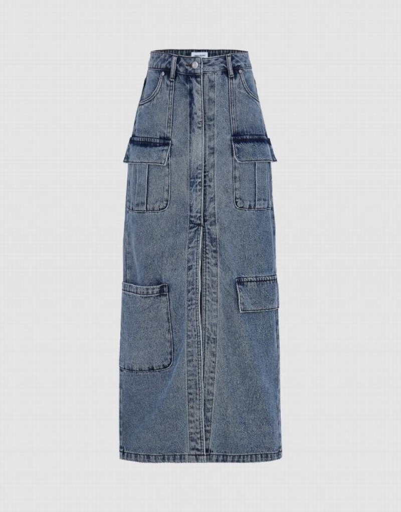 Blue Urban Revivo Multi-Pocket Midi Women\'s Denim Skirt | 49723HSYO