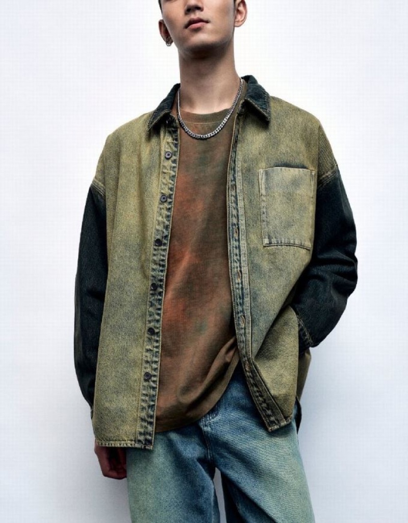 Blue Urban Revivo Oversized Denim Men's Shirts | 08569CZLN
