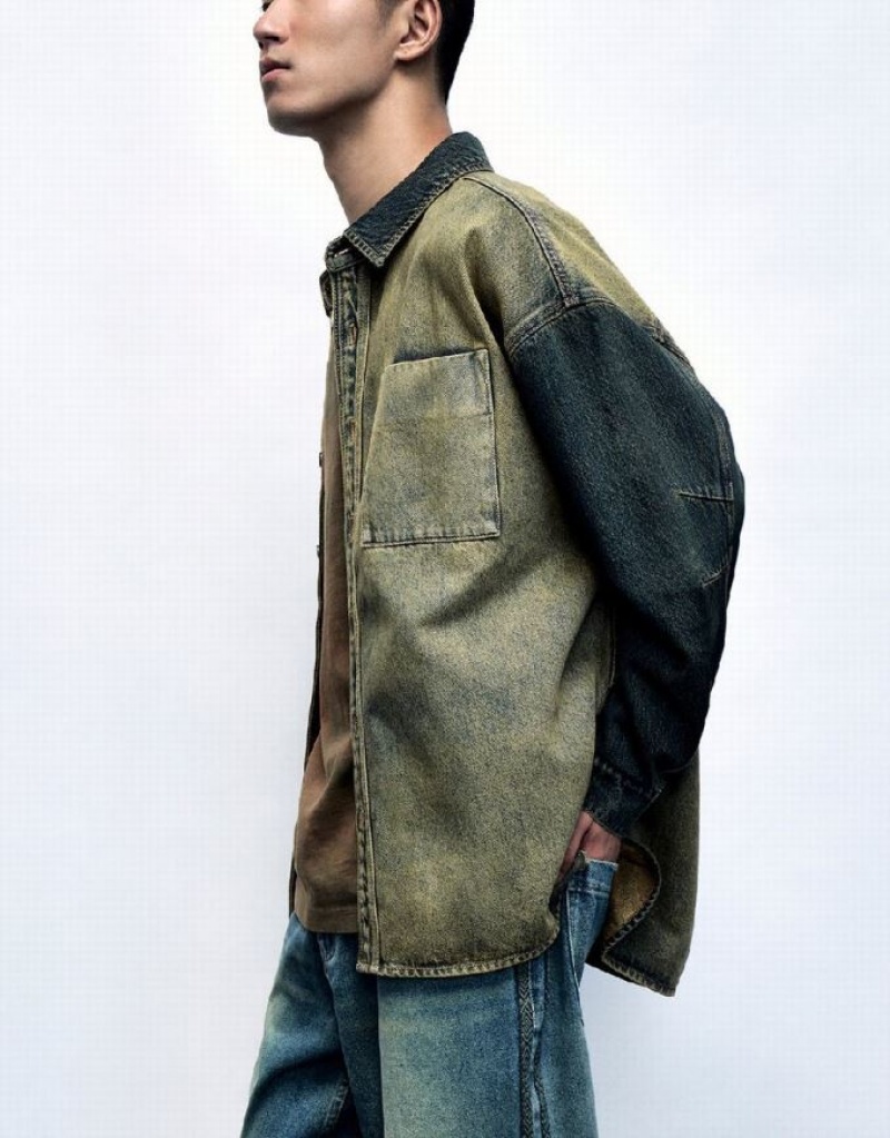 Blue Urban Revivo Oversized Denim Men's Shirts | 08569CZLN