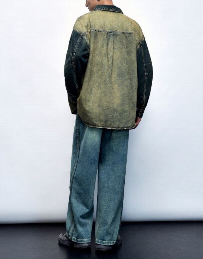 Blue Urban Revivo Oversized Denim Men's Shirts | 08569CZLN