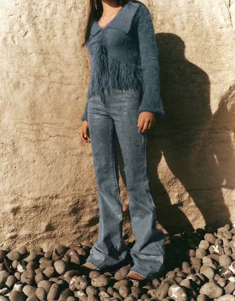 Blue Urban Revivo Rhinestone Decor Flare Women's Jeans | 84930CBFA