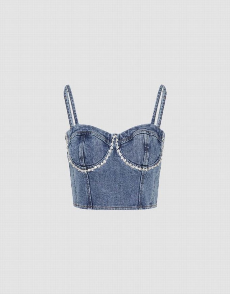 Blue Urban Revivo Rhinestone Decor Off-Shoulder Denim Cami Top Women's Shirts | 01632WAEY