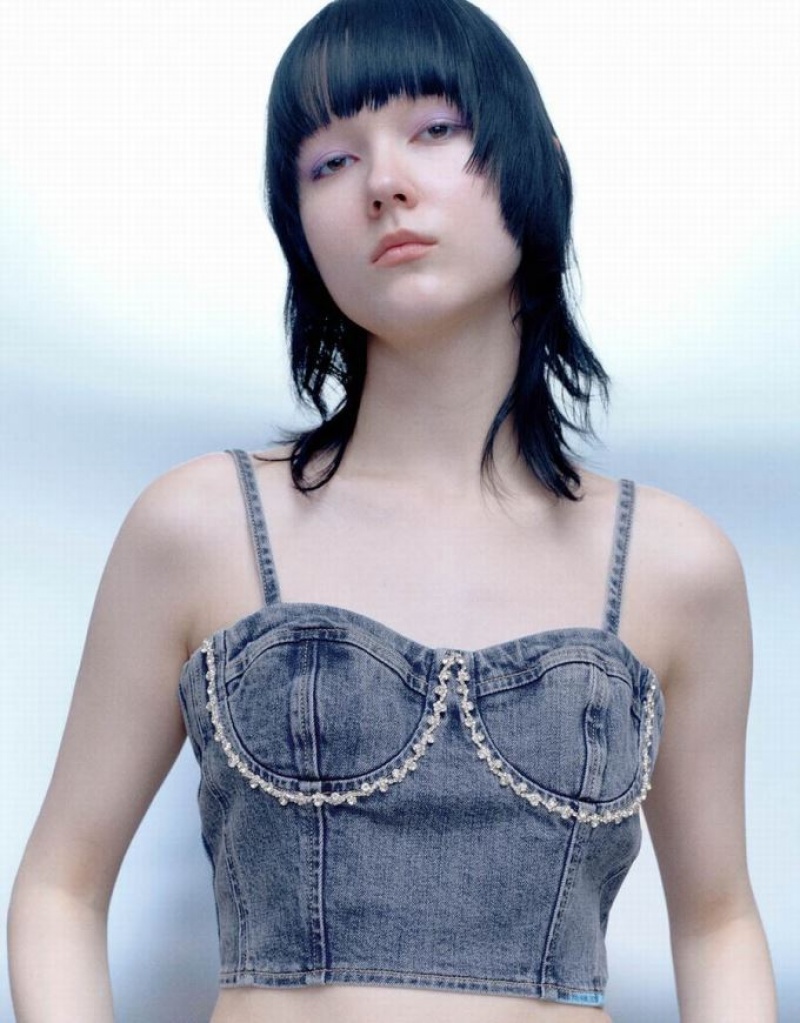 Blue Urban Revivo Rhinestone Decor Off-Shoulder Denim Cami Top Women's Shirts | 01632WAEY