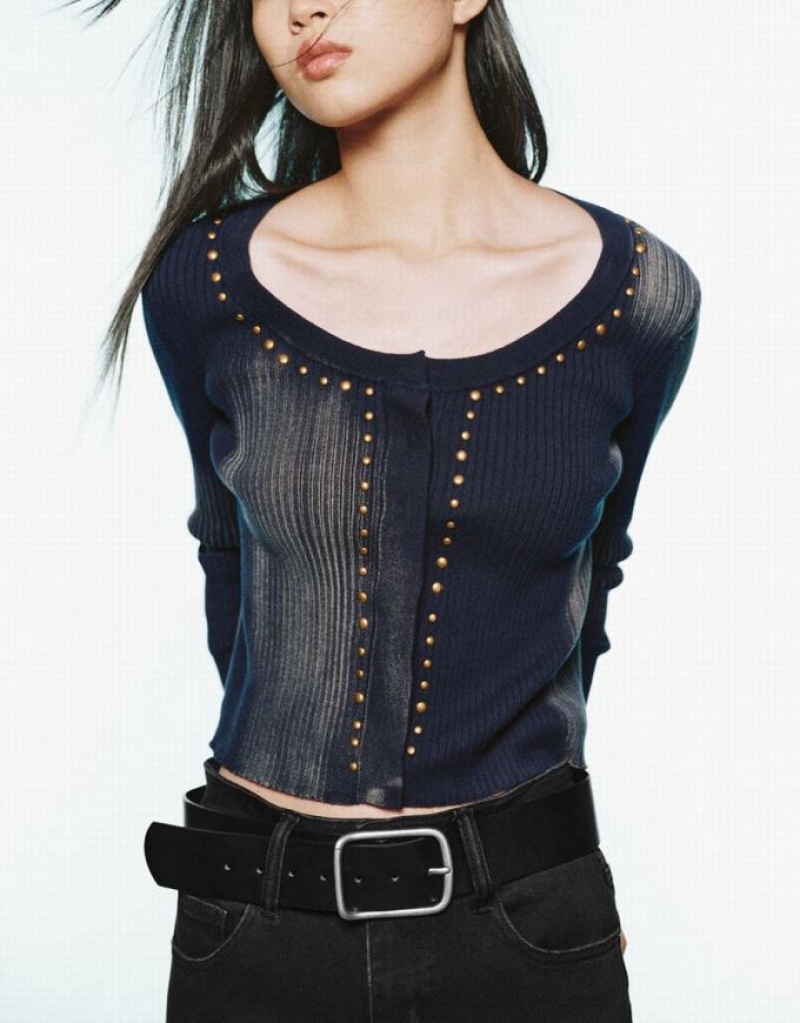 Blue Urban Revivo Studded Decor Knitted Women's Cardigan | 32518KWHP