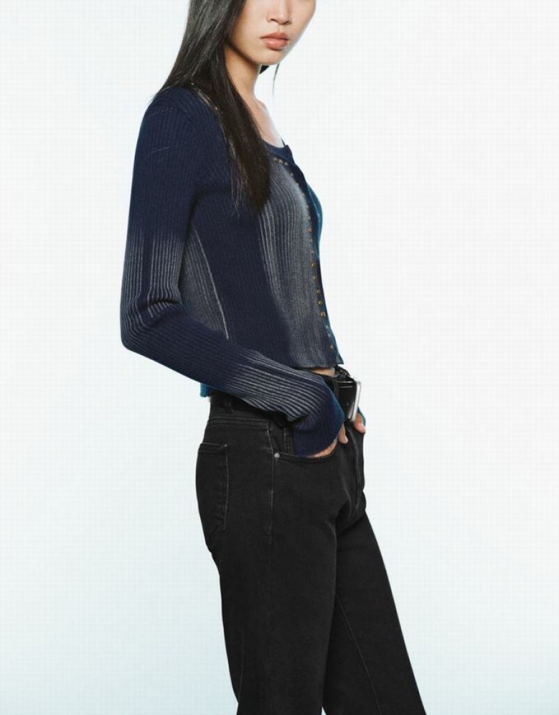 Blue Urban Revivo Studded Decor Knitted Women's Cardigan | 32518KWHP