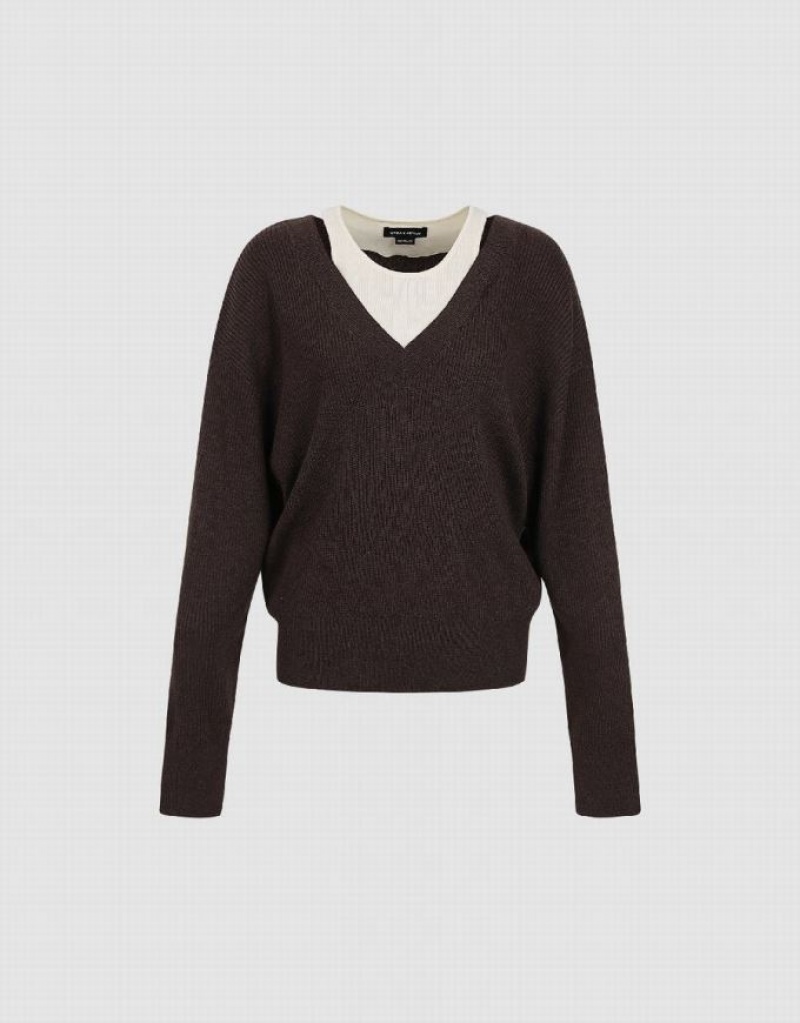 Brown Urban Revivo 2 In 1 V-Neck Women's Sweaters | 42610MVKA