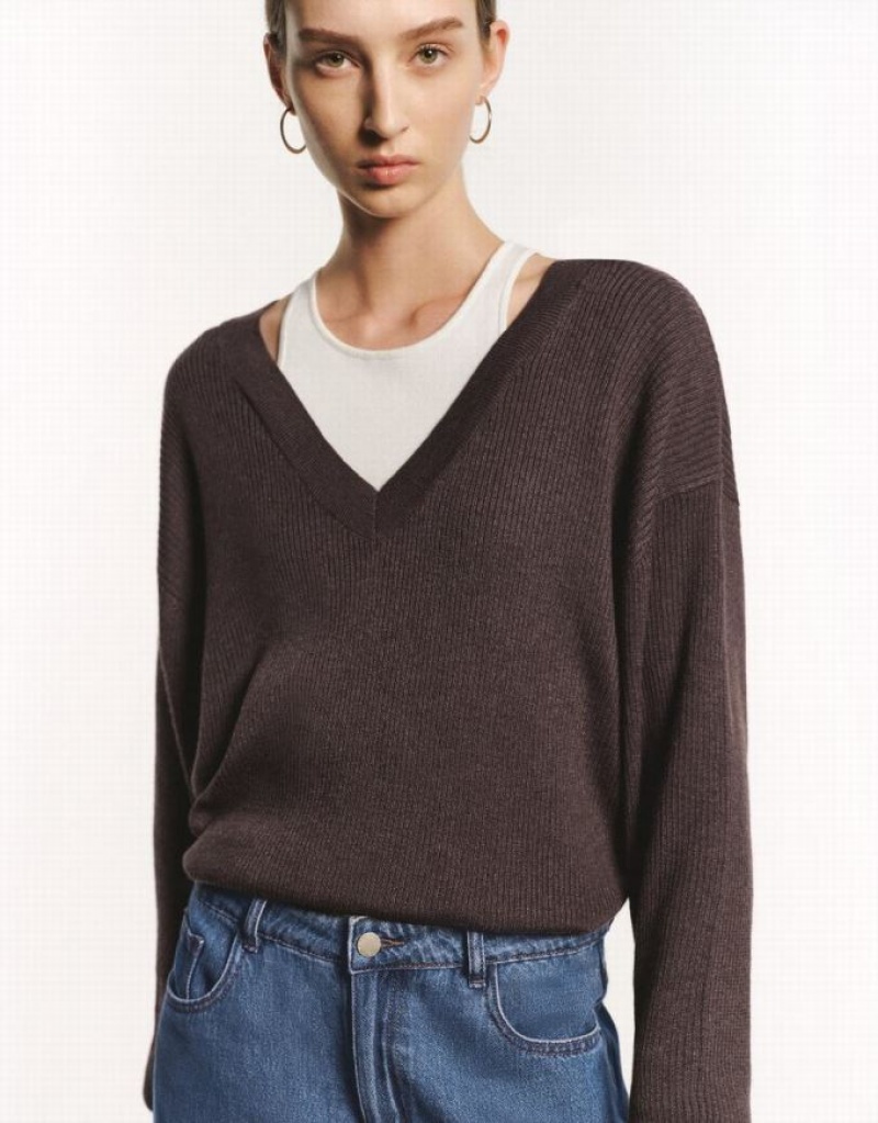 Brown Urban Revivo 2 In 1 V-Neck Women's Sweaters | 42610MVKA