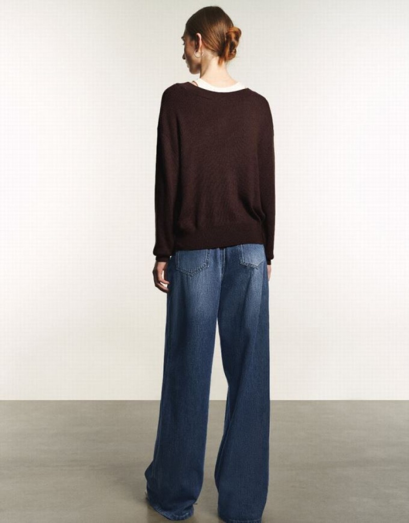 Brown Urban Revivo 2 In 1 V-Neck Women's Sweaters | 42610MVKA
