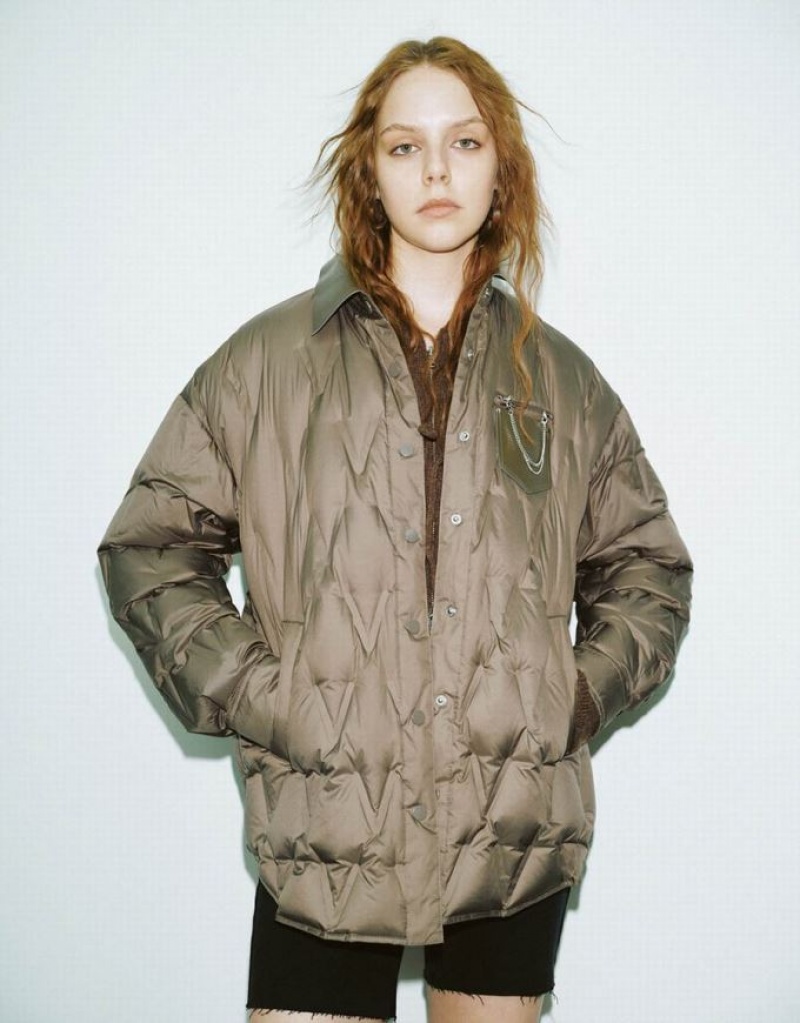 Brown Urban Revivo Chain Decor Quilted Women's Puffer Jacket | 94613XEIT
