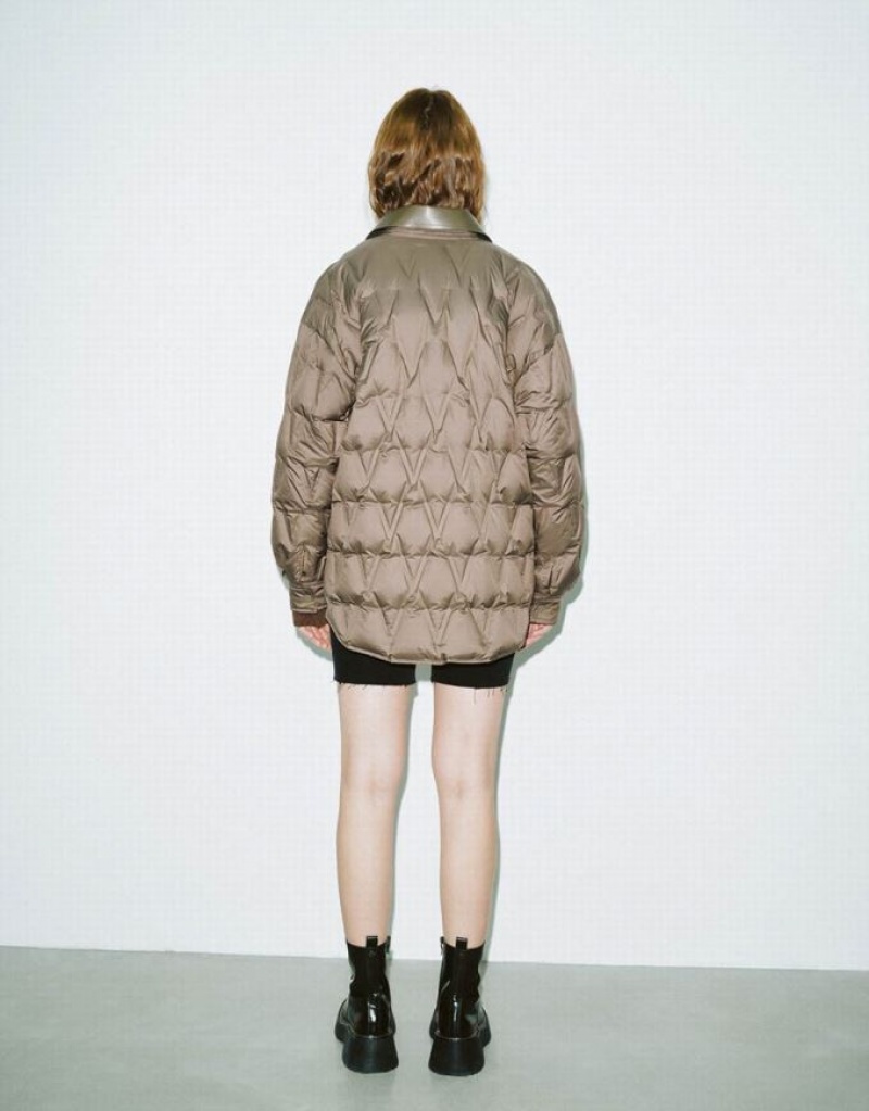 Brown Urban Revivo Chain Decor Quilted Women's Puffer Jacket | 94613XEIT
