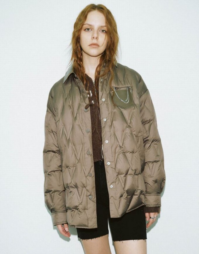 Brown Urban Revivo Chain Decor Quilted Women\'s Puffer Jacket | 94613XEIT