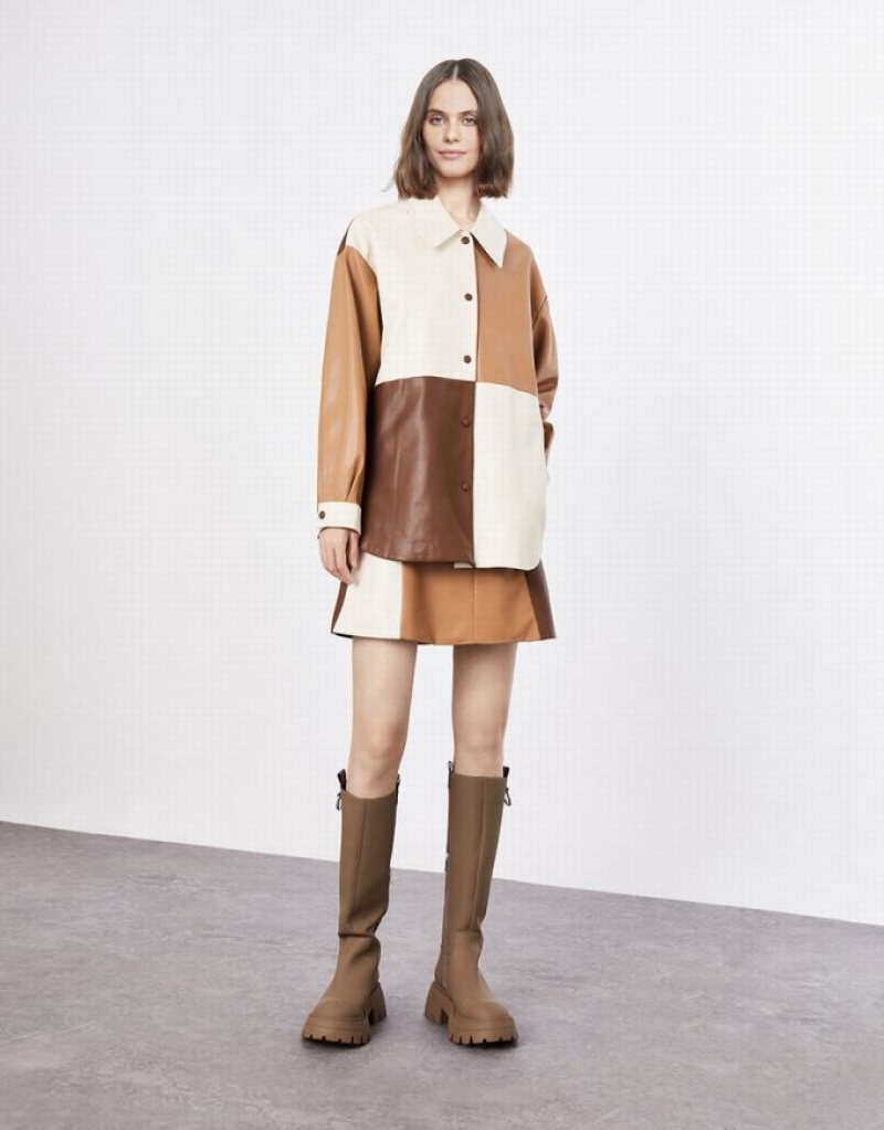 Brown Urban Revivo Faxu Leather Colorblock Women's Shirts | 72184QRSJ
