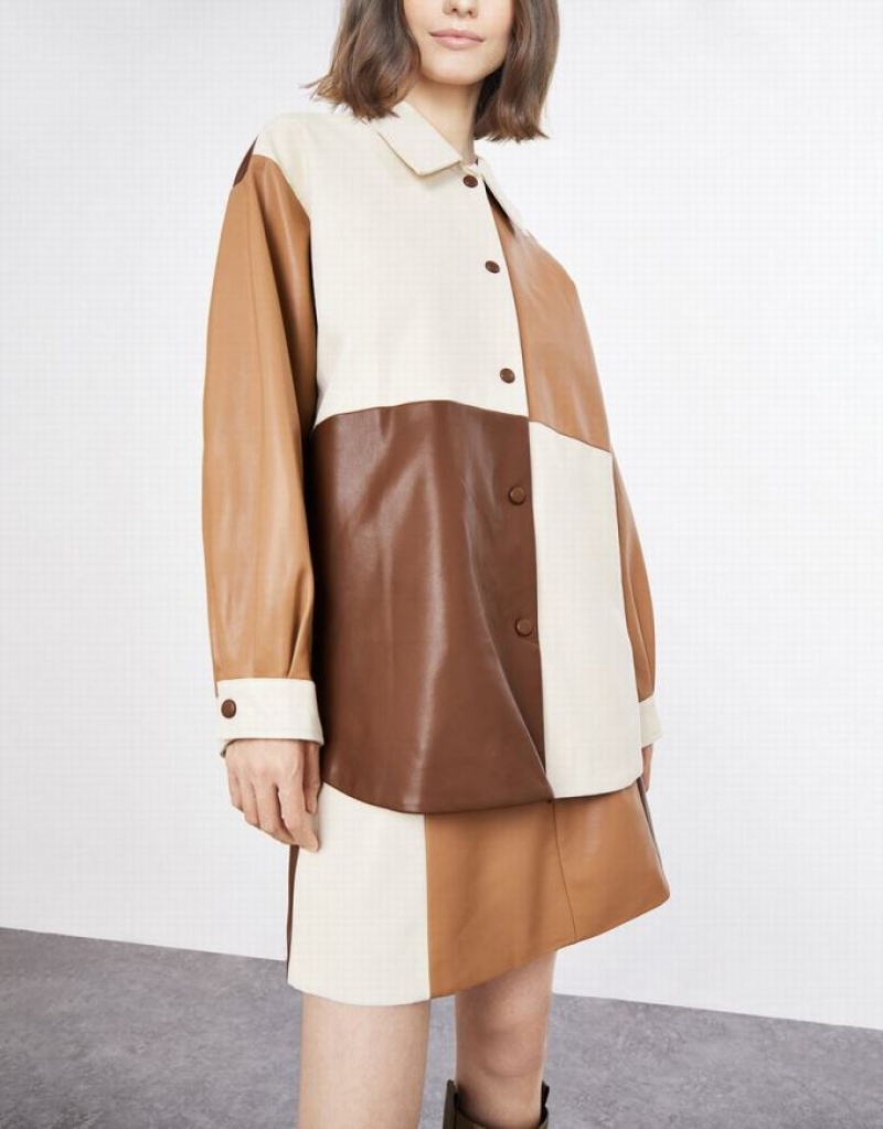 Brown Urban Revivo Faxu Leather Colorblock Women's Shirts | 72184QRSJ