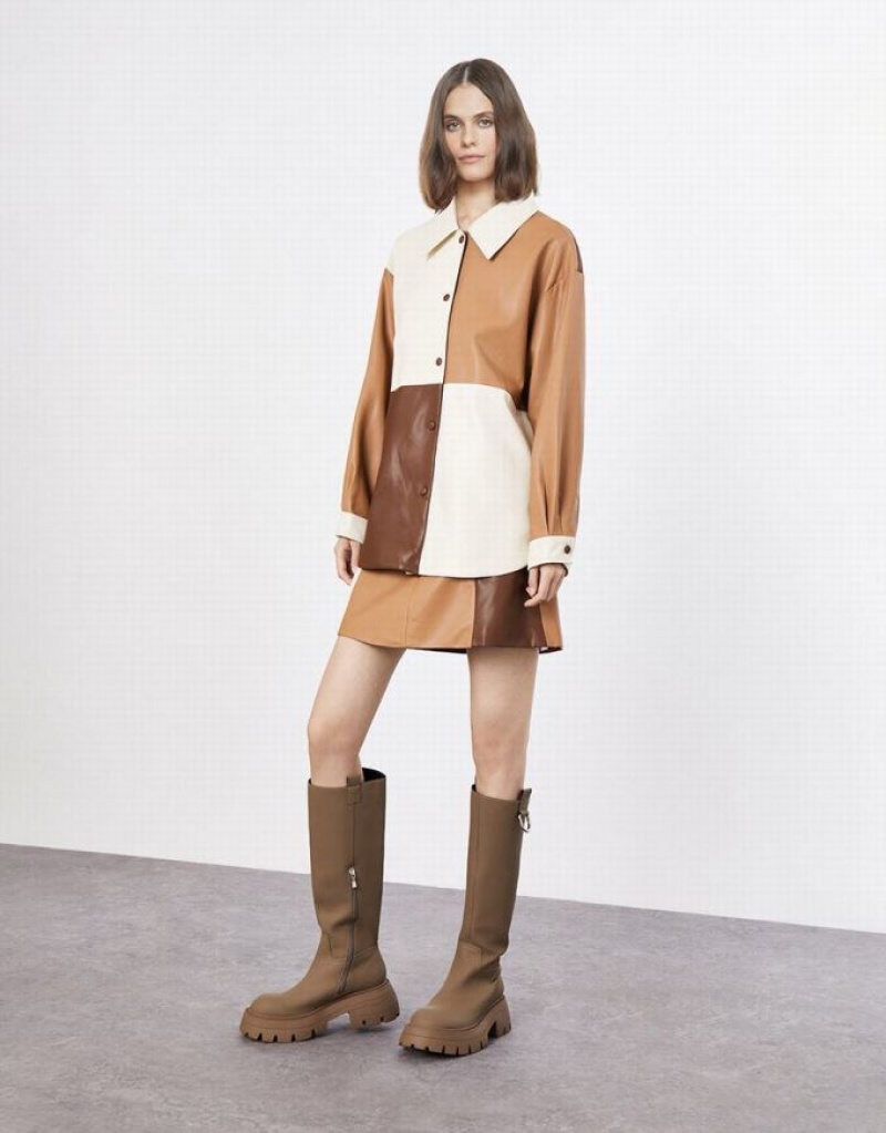 Brown Urban Revivo Faxu Leather Colorblock Women's Shirts | 72184QRSJ