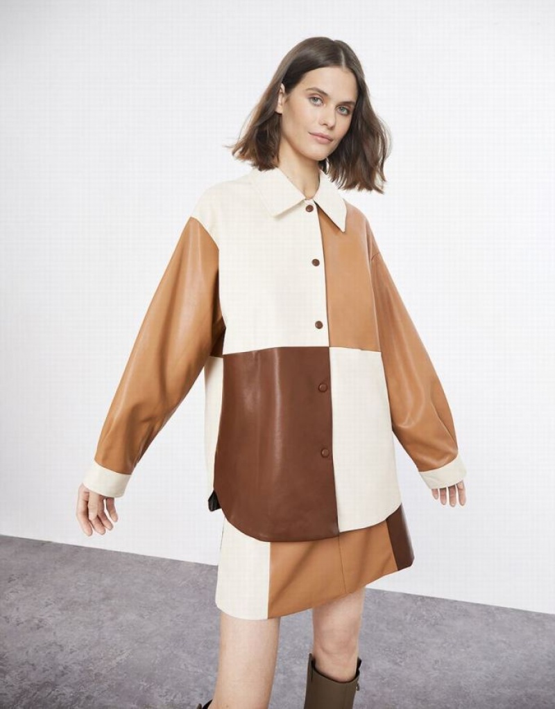 Brown Urban Revivo Faxu Leather Colorblock Women\'s Shirts | 72184QRSJ