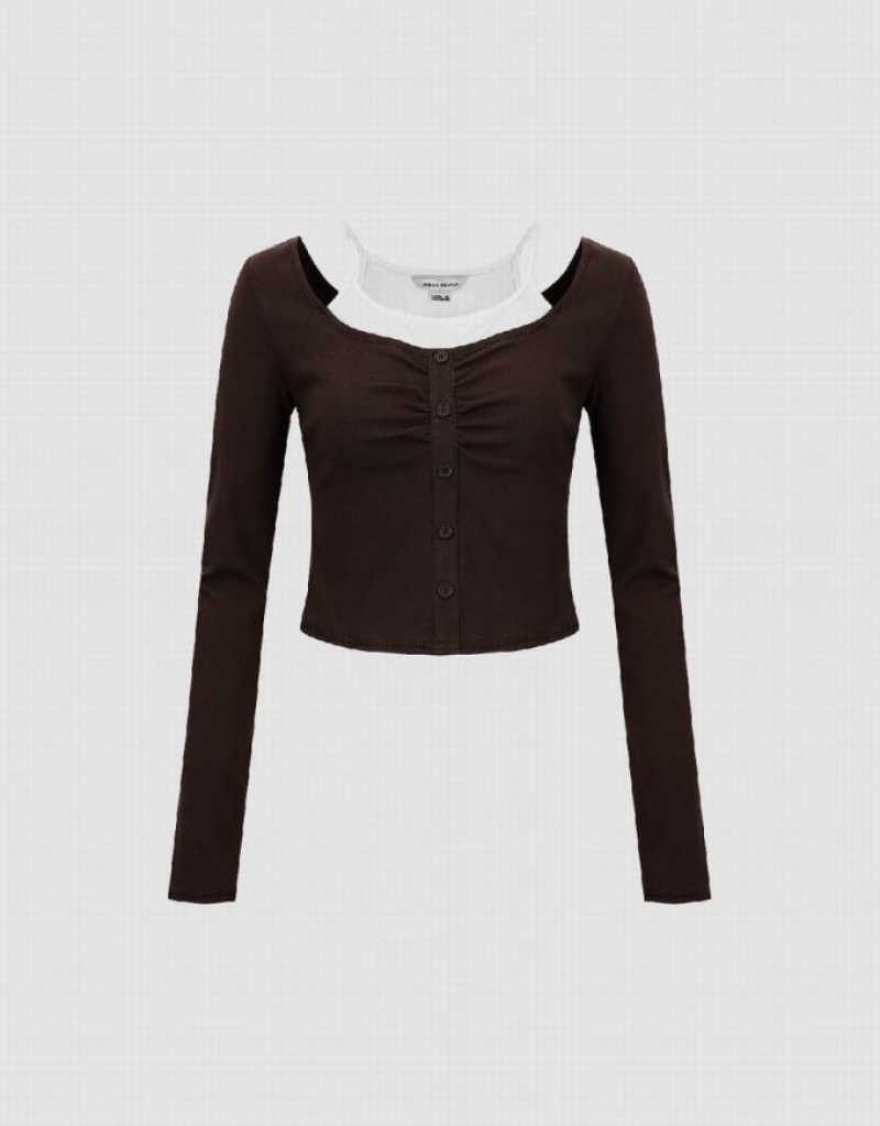 Brown Urban Revivo Halter Neck 2 In 1 Skinny Women's T-Shirts | 63187SARZ