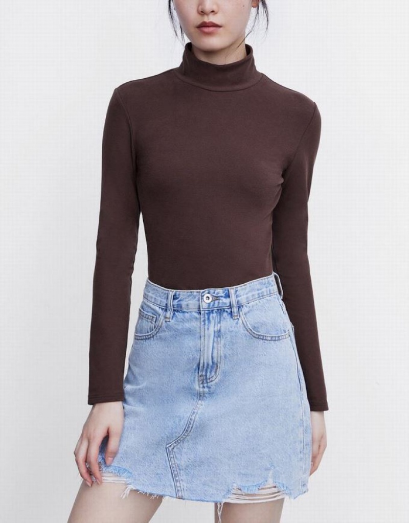 Brown Urban Revivo Mock Neck Knitted Skinny Women's T-Shirts | 02468YEKF