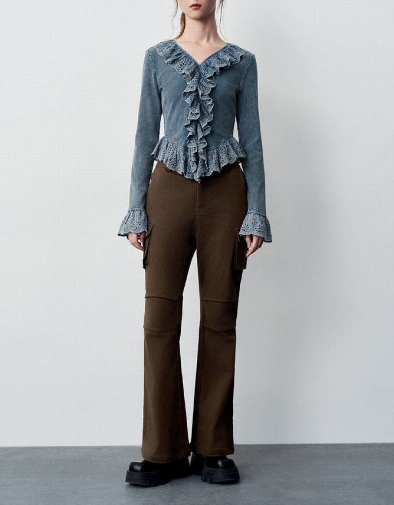 Brown Urban Revivo Multi-Pocket Flare Women's Pants | 34170TZSA
