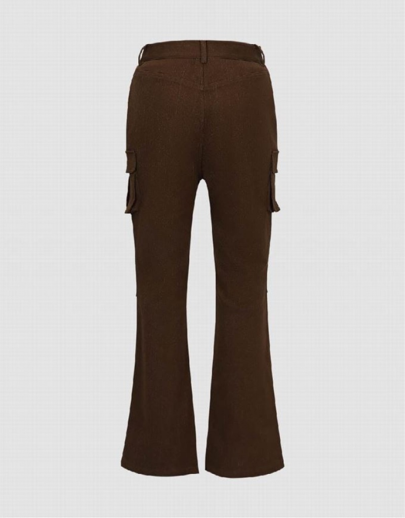 Brown Urban Revivo Multi-Pocket Flare Women's Pants | 34170TZSA