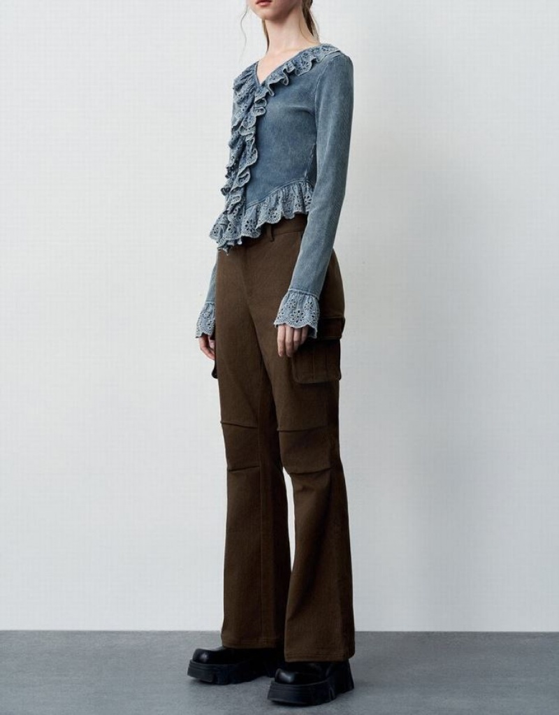 Brown Urban Revivo Multi-Pocket Flare Women's Pants | 34170TZSA