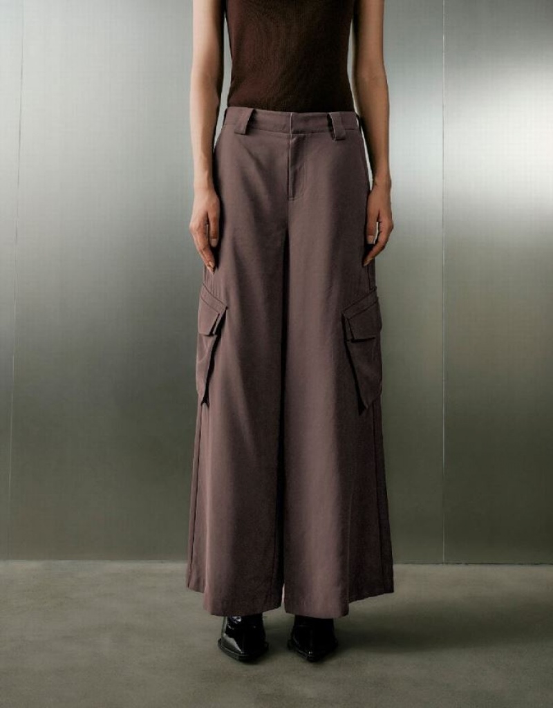 Brown Urban Revivo Multi-Pocket Wide-Leg Women's Pants | 13256CRHI