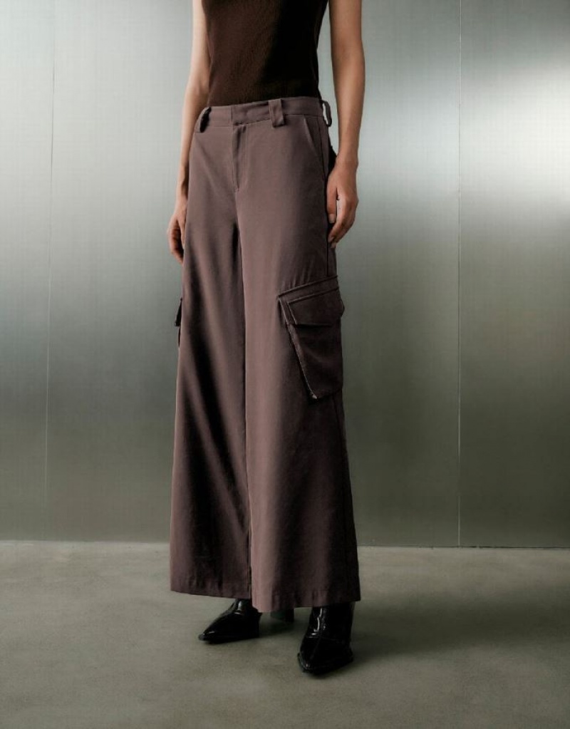 Brown Urban Revivo Multi-Pocket Wide-Leg Women's Pants | 13256CRHI