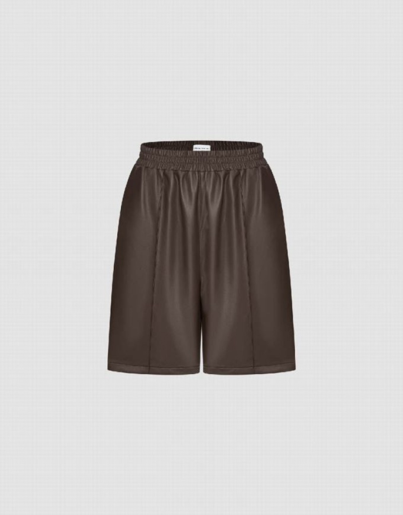 Brown Urban Revivo Vegan Leather Elastic Waist Women\'s Shorts | 93071IFAW