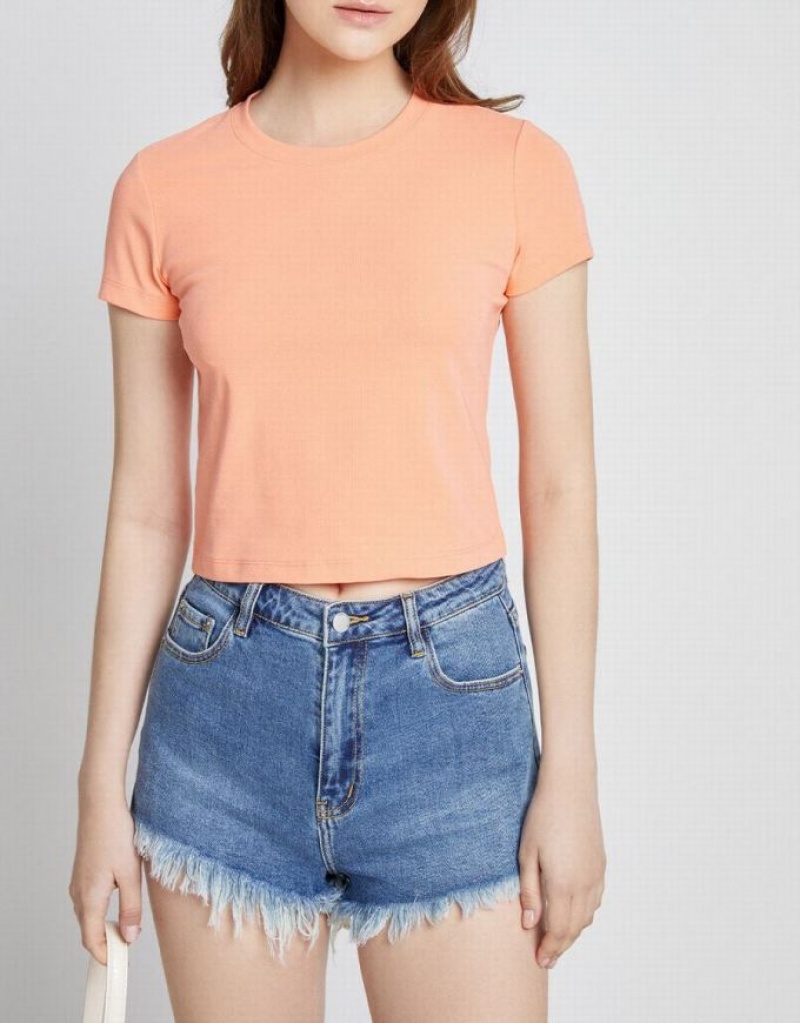 Coral Urban Revivo Basic Fitted Women's T-Shirts | 45923HOTS