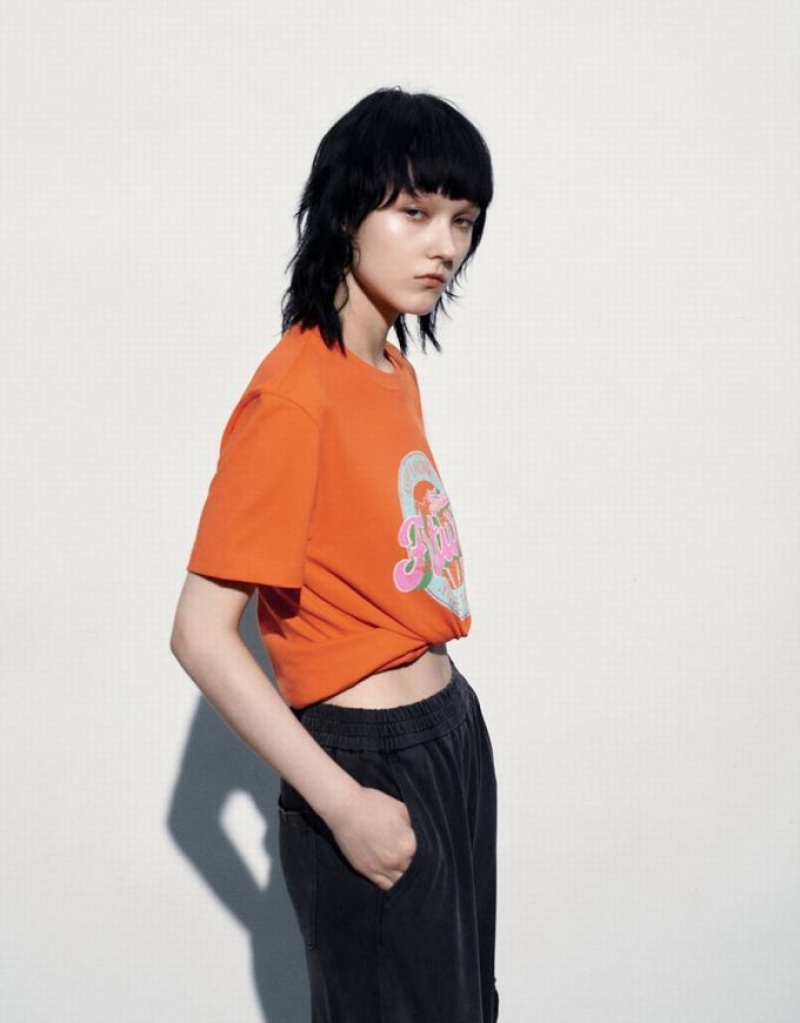 Coral Urban Revivo Printed Straight Women's T-Shirts | 48019UZMV