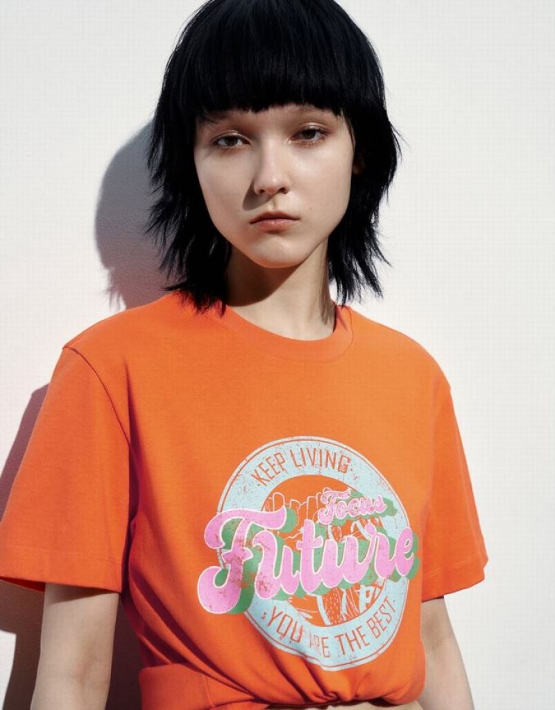 Coral Urban Revivo Printed Straight Women's T-Shirts | 48019UZMV