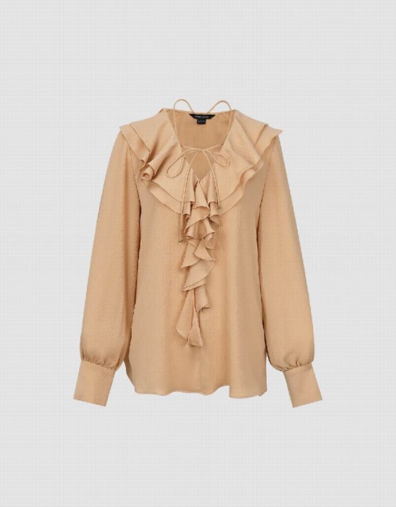 Coral Urban Revivo Ruffle V-Neck Overhead Women's Blouse | 68324CLDR