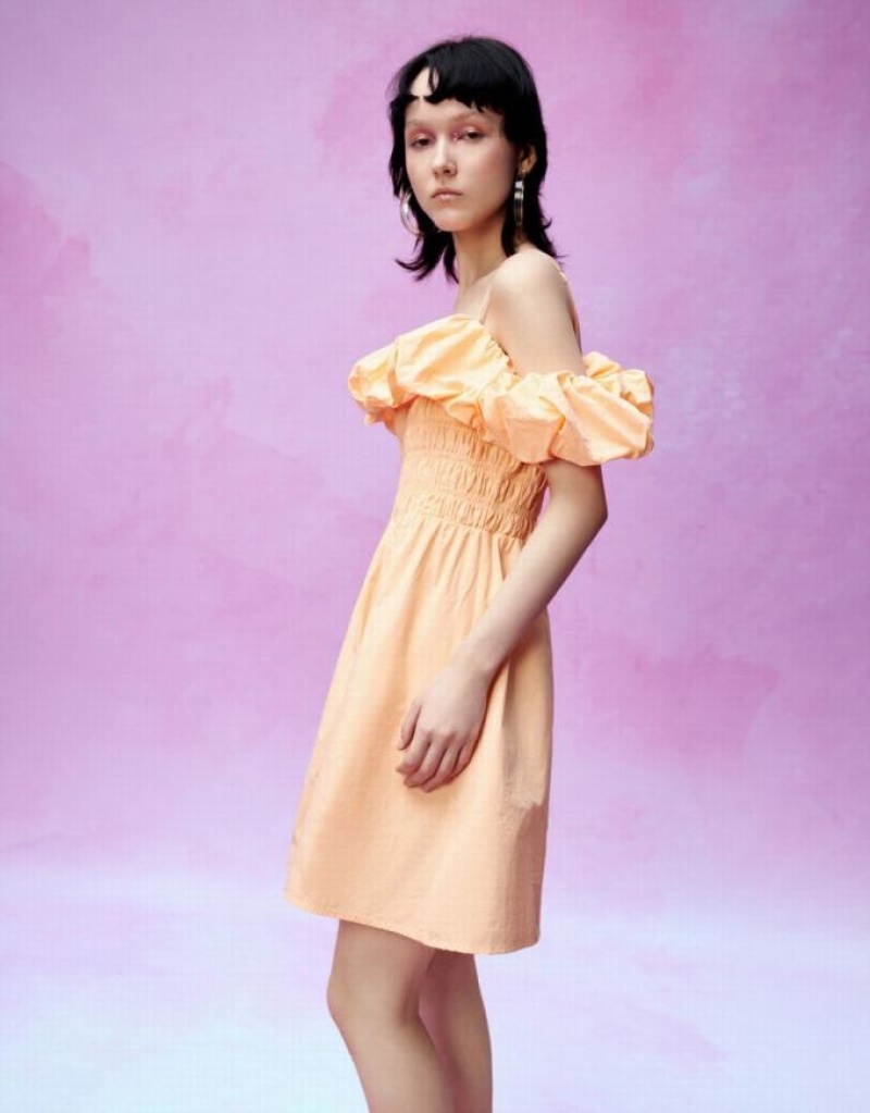 Coral Urban Revivo Shirred Ruffle Skater Women's Short Dress | 43761SBGP