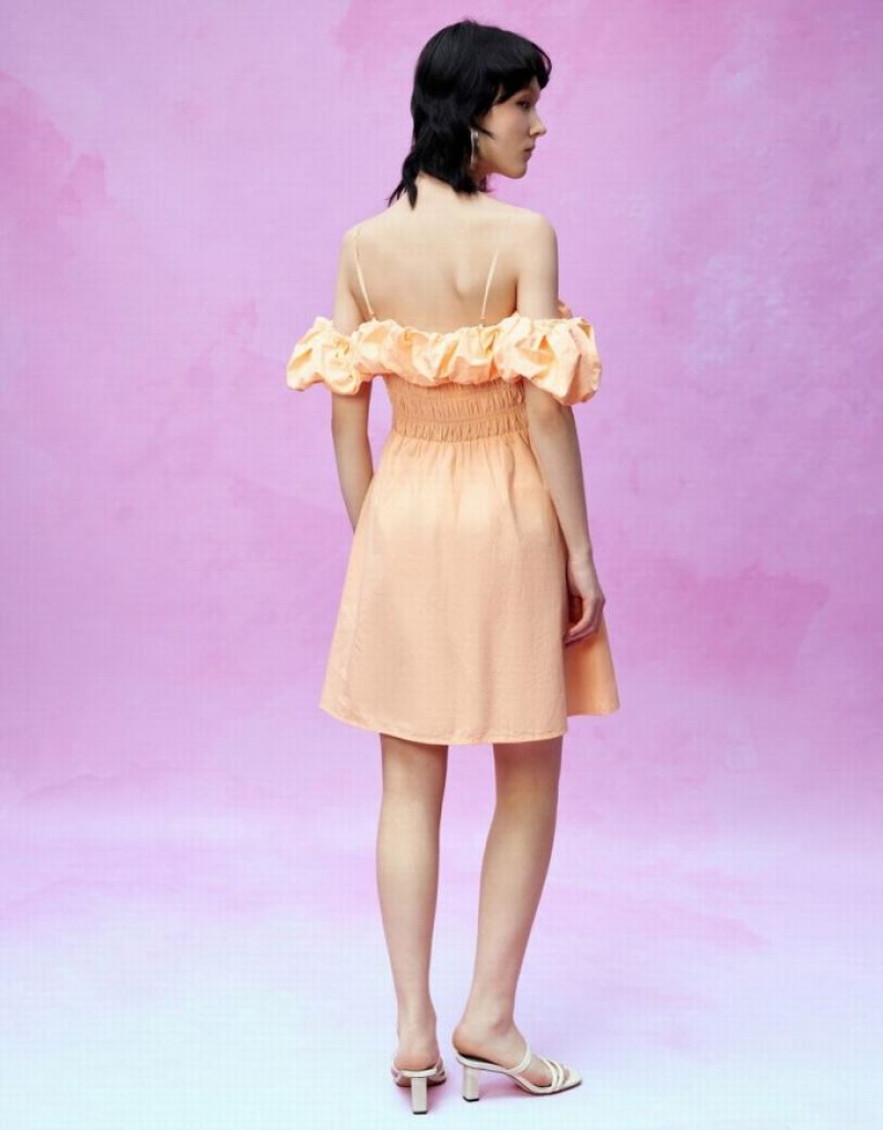 Coral Urban Revivo Shirred Ruffle Skater Women's Short Dress | 43761SBGP