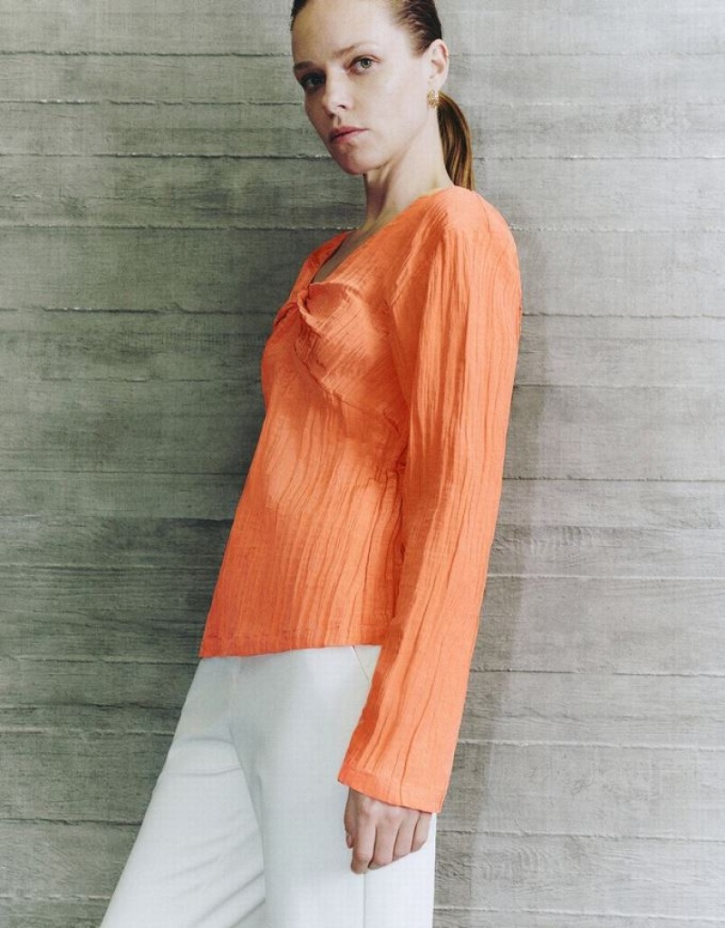 Coral Urban Revivo V-Neck Overhead Women's Blouse | 52943RYGC