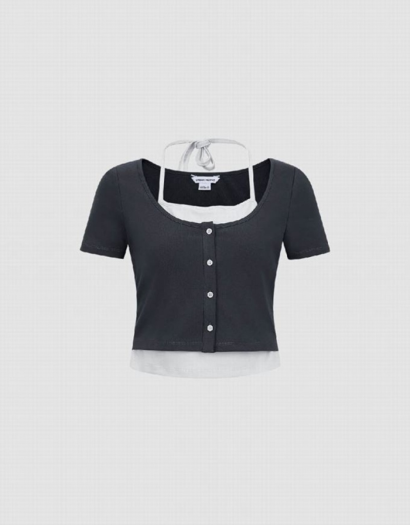 Dark Grey Urban Revivo 2 In 1 Halter Neck Knitted Women\'s T-Shirts | 43918AFJD