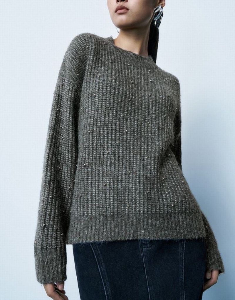 Dark Grey Urban Revivo Rhinestones Decor Straight Women's Sweaters | 47802FMIC