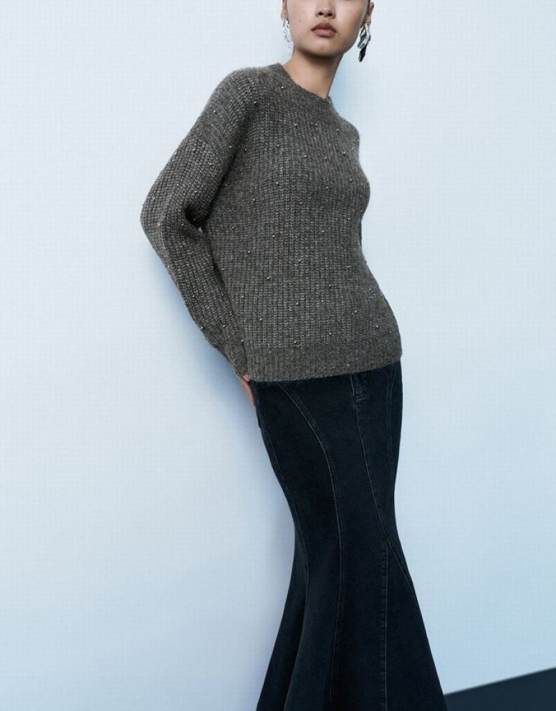 Dark Grey Urban Revivo Rhinestones Decor Straight Women's Sweaters | 47802FMIC