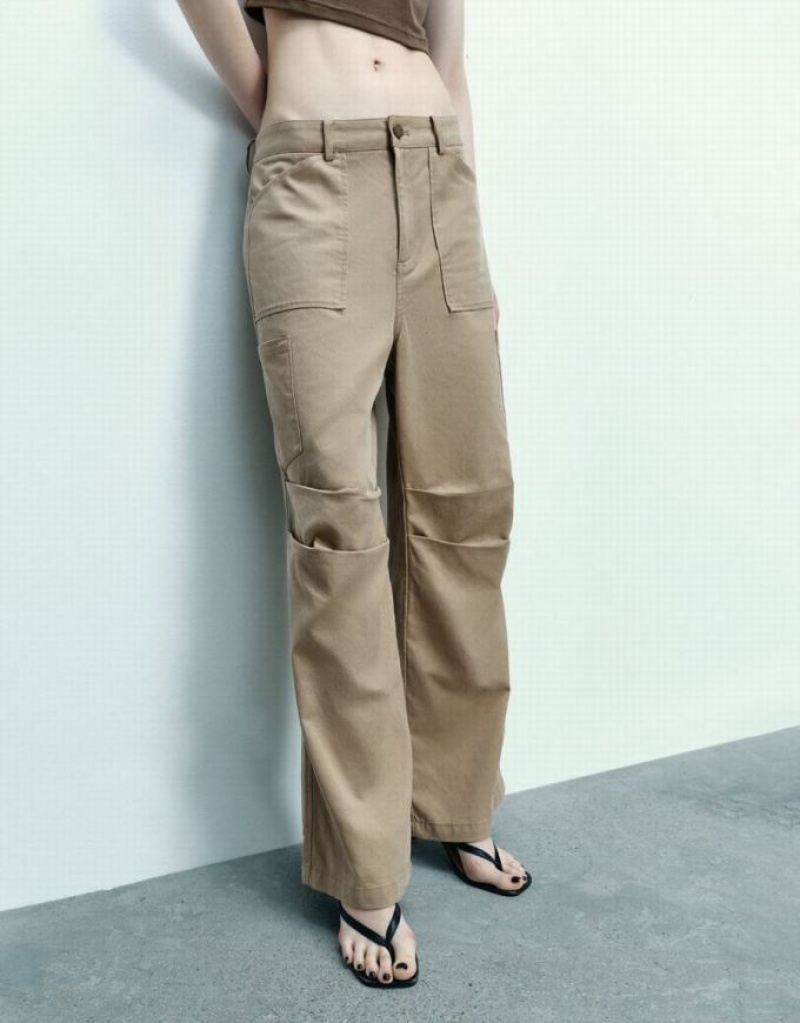 Dark Khaki Urban Revivo Multi-Pocket Wide-Leg Women's Pants | 56038UBNW