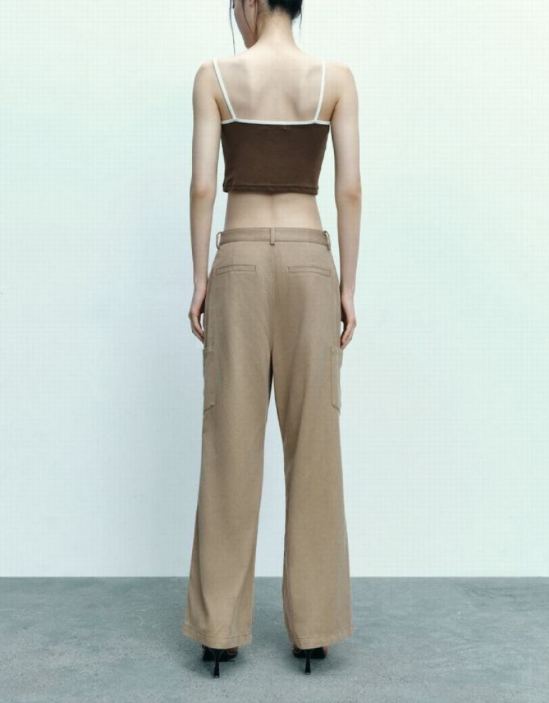 Dark Khaki Urban Revivo Multi-Pocket Wide-Leg Women's Pants | 56038UBNW