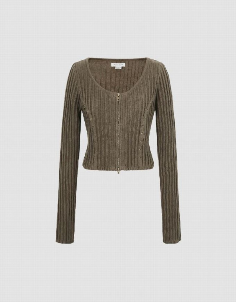 Dark Khaki Urban Revivo Zipper Front Crew Neck Knitted Women's Cardigan | 67829ZFWV