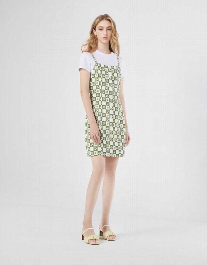 Green Urban Revivo 2 In 1 Checkered Floral Women's Denim Dress | 81942JZMG